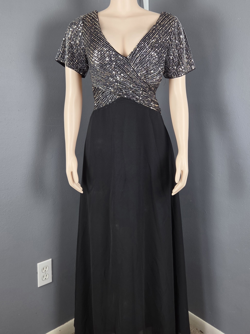 Evan Picone Black Maxi Dress with Silver Sequin Wrap Bodice